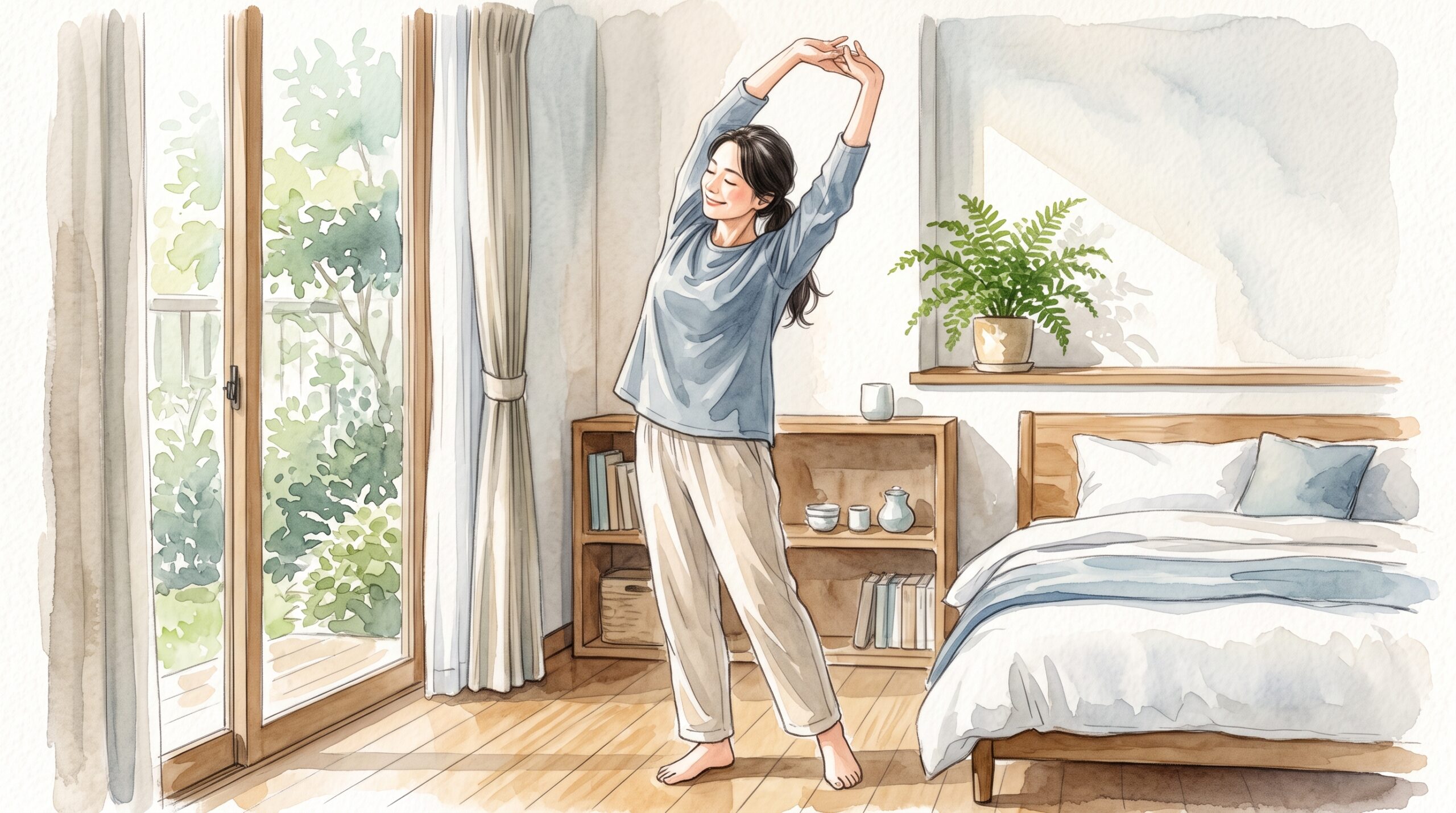 朝、体の調子を確かめて背伸びをしている女性のイラスト