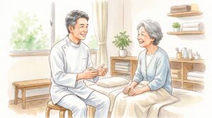 整骨院で施術者と患者が向かい合って話している場面のイラスト