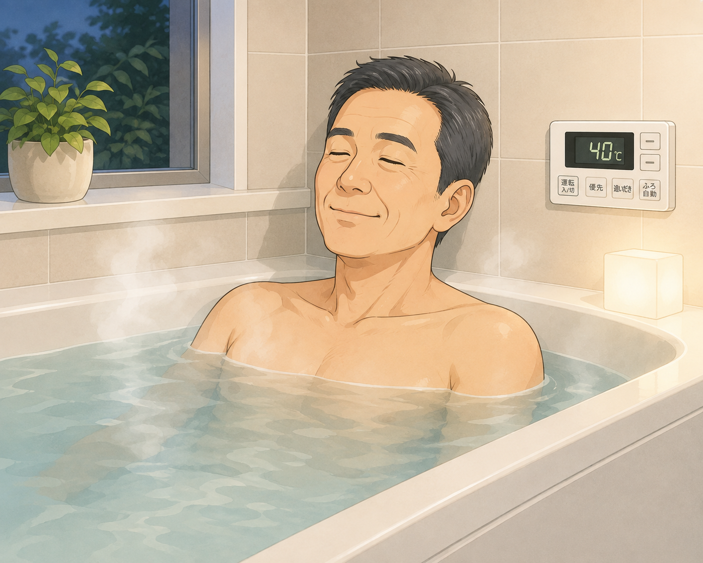40℃のお風呂で体を温める男性のイラスト