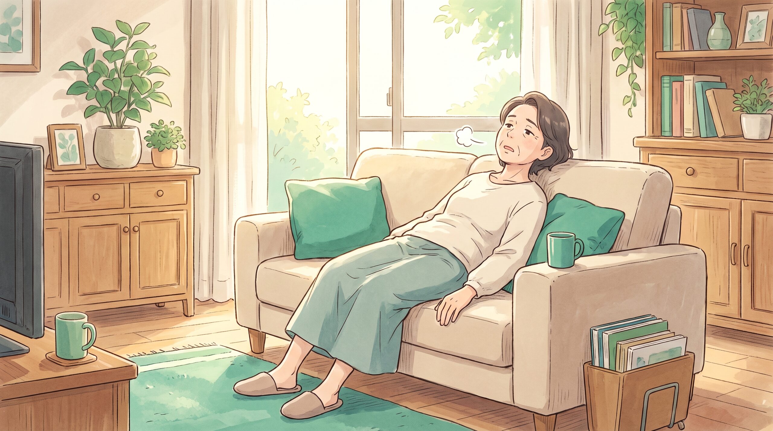 ソファでだるそうにため息をつく女性のイラスト