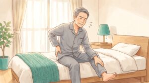 朝、ベッドの端で腰から足にかけてつらそうにしている男性のイラスト