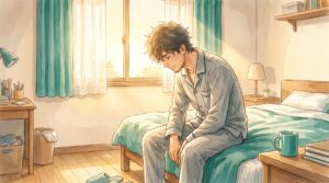 朝、ベッドの端でうなだれて起き上がれない男性のイラスト