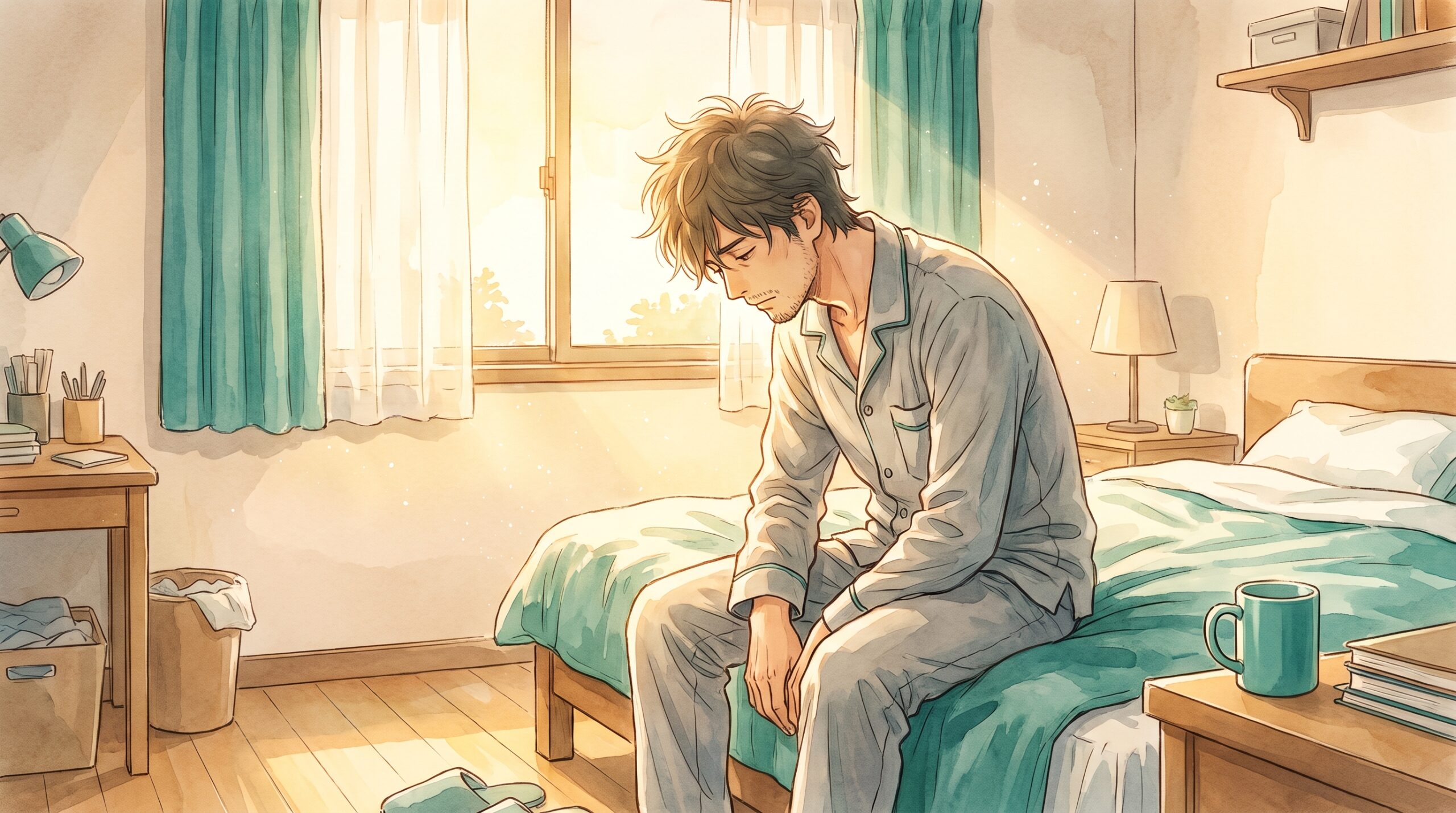 朝、ベッドの端でうなだれて起き上がれない男性のイラスト