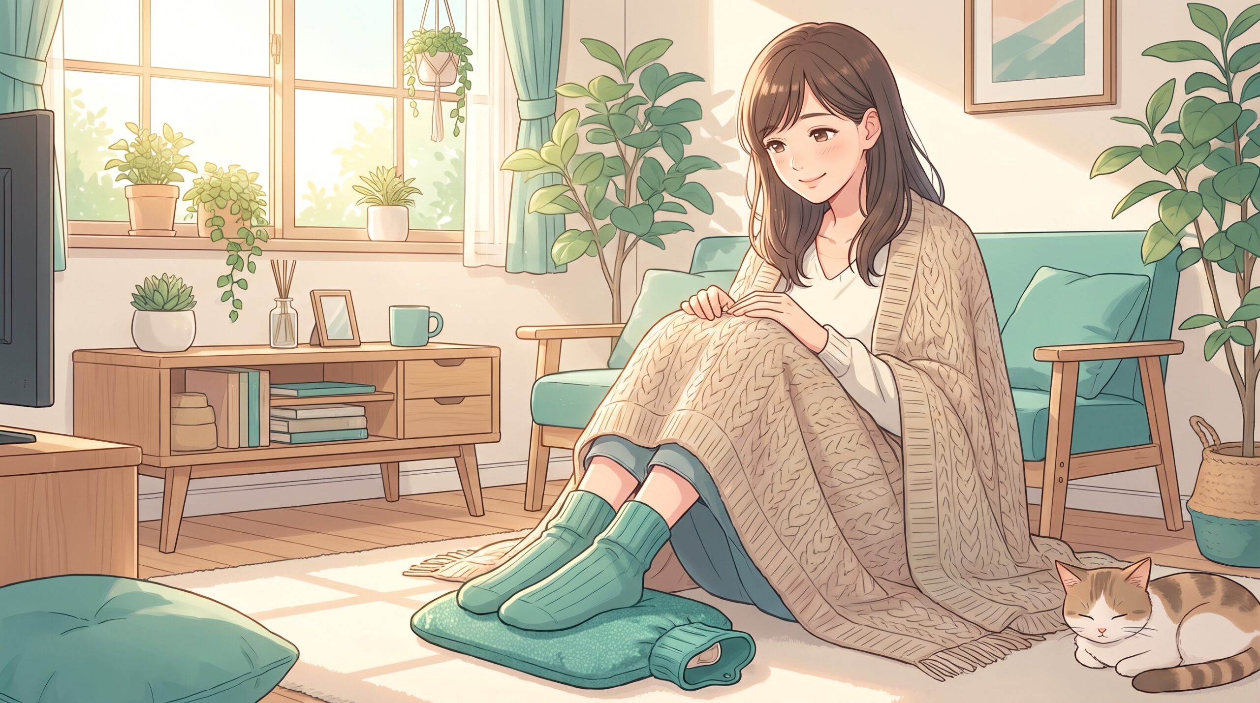 椅子に座って湯たんぽで足を温めている女性のイラスト