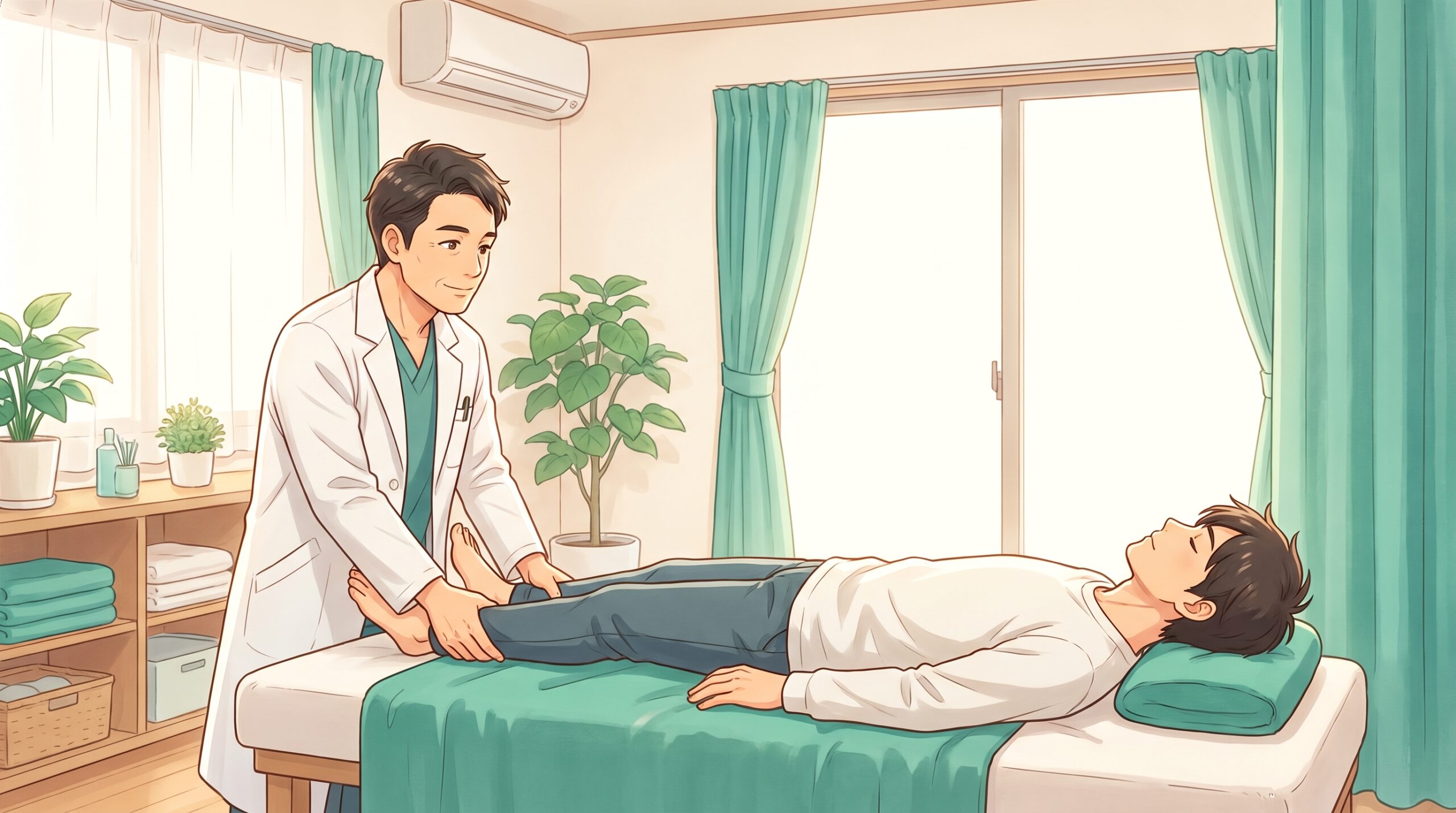 施術者が男性患者の足首をそっと調整しているイラスト