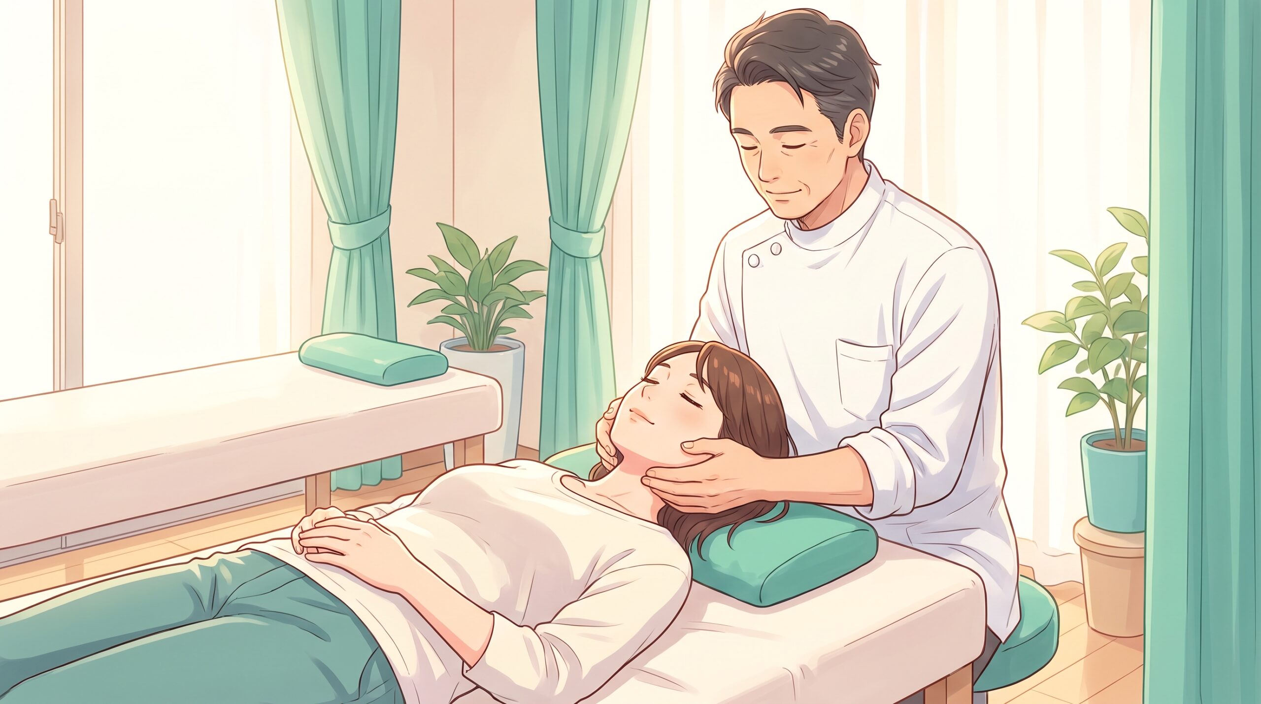 施術者が女性患者の頭と首にそっと手を添えているイラスト