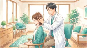 施術者が女性患者の頭に両手をそっと添えて調整しているイラスト