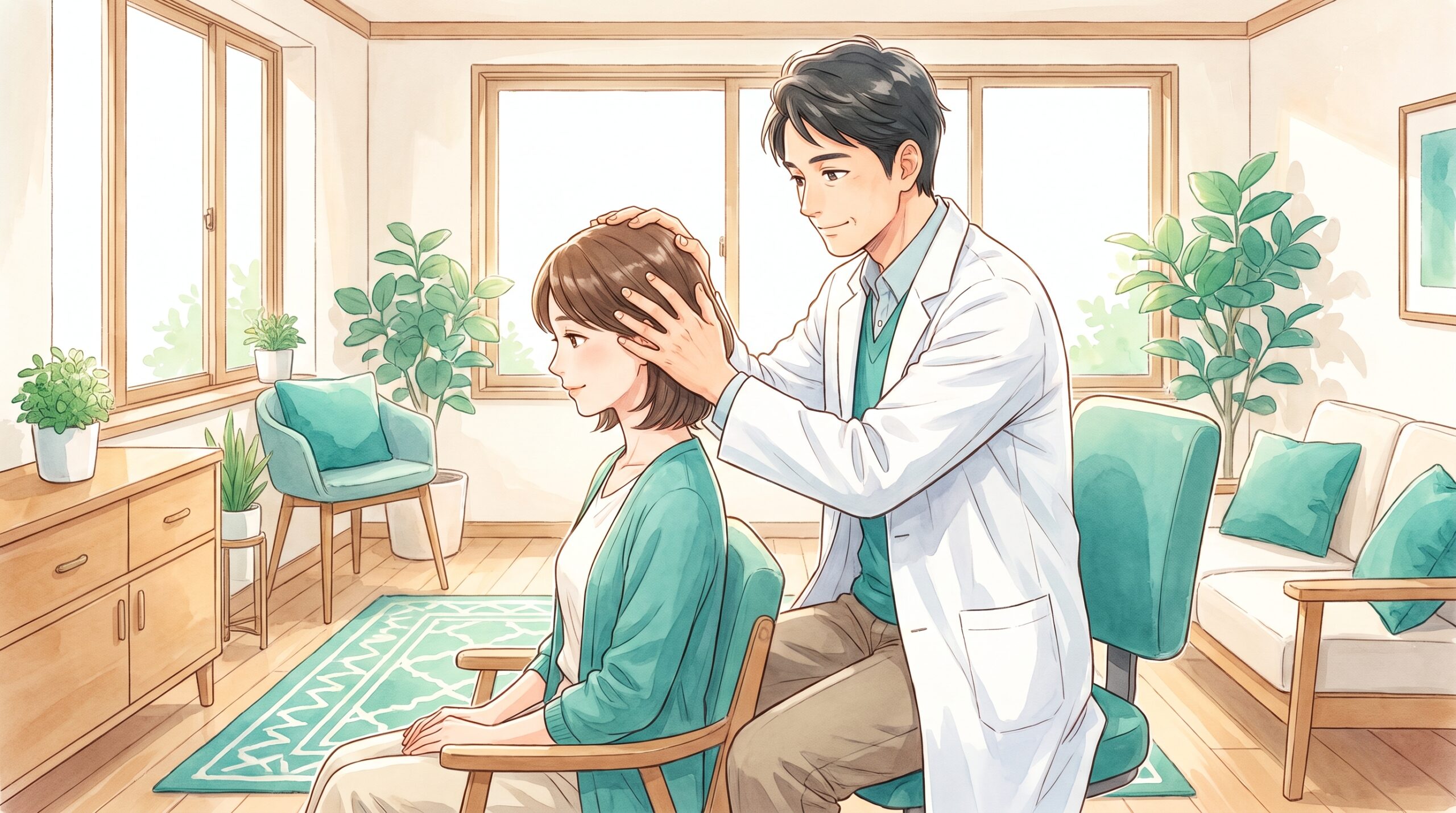 施術者が女性患者の頭に両手をそっと添えて調整しているイラスト
