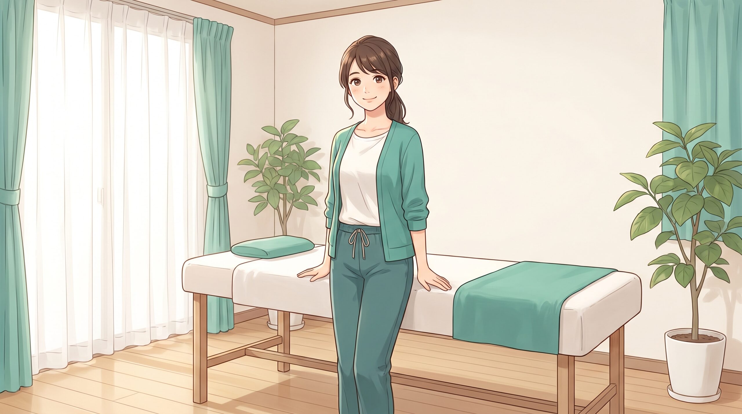 施術室で肩の力が抜けた良い姿勢で立つ女性のイラスト