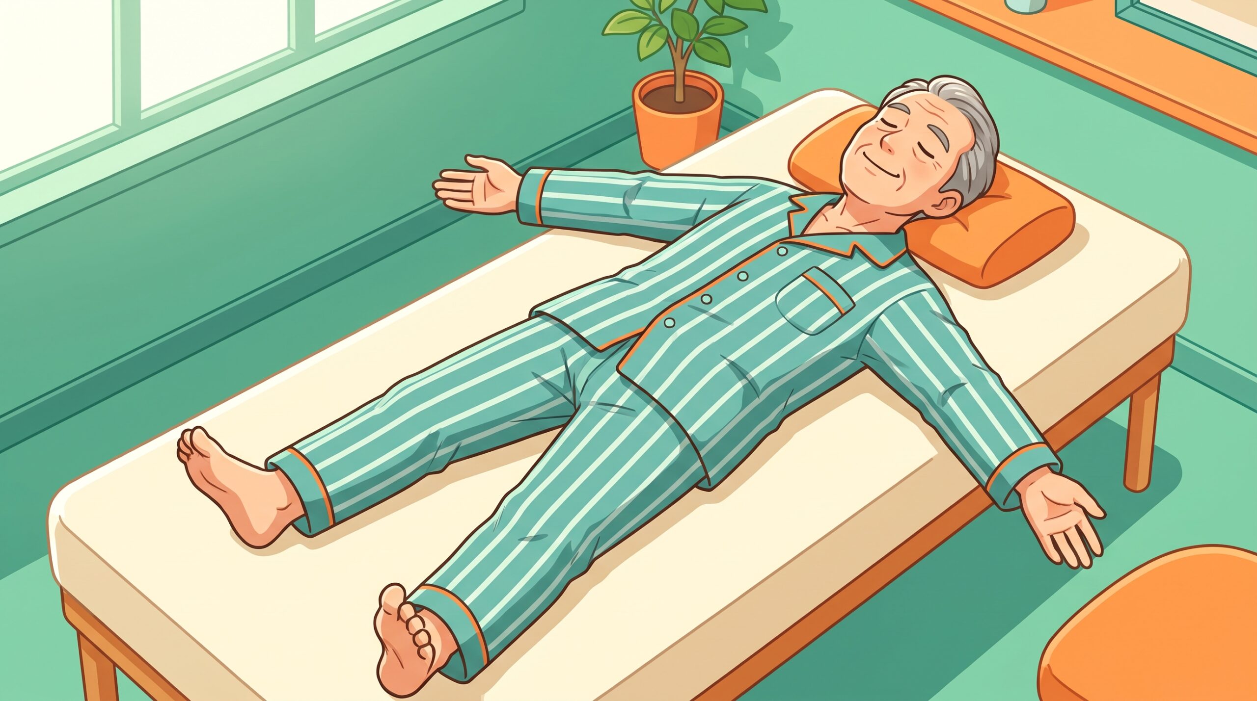 施術ベッドで全身の力を抜いてリラックスする男性のイラスト