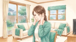 両耳をそっと押さえて音がつらそうな表情の女性のイラスト