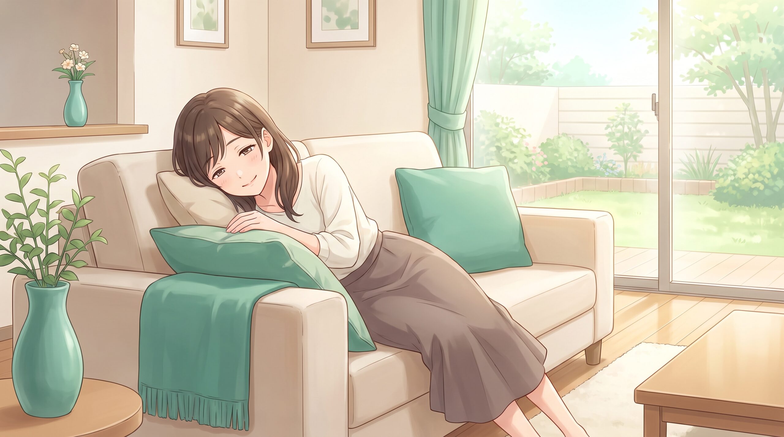 ソファでもたれて気だるそうに休んでいる女性のイラスト