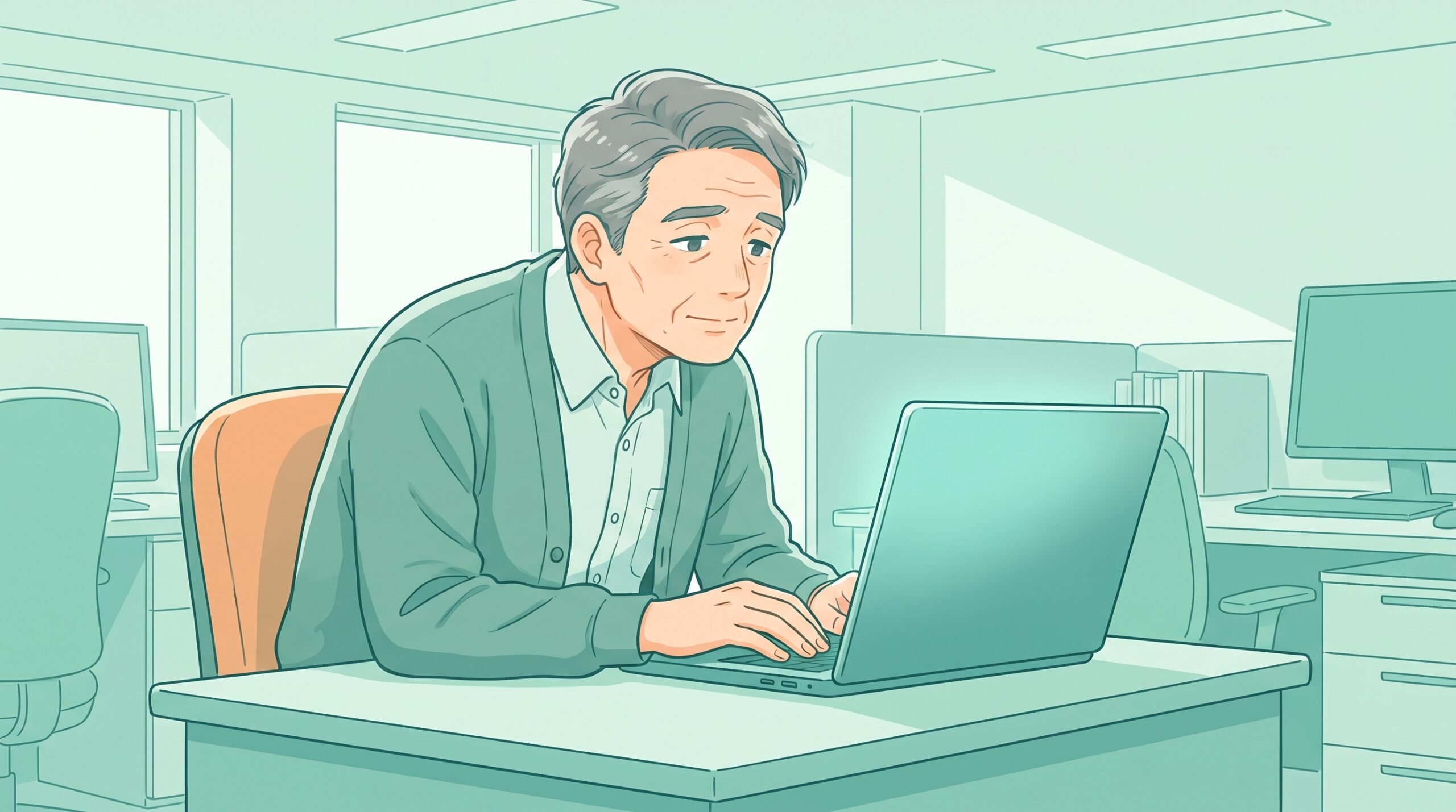 オフィスのデスクで長時間パソコンに向かい、背中が丸まって肩が内に入っている男性のイラスト