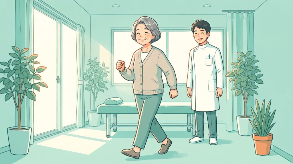施術のあと背すじを伸ばして笑顔で歩く女性と、見守る施術者のイラスト