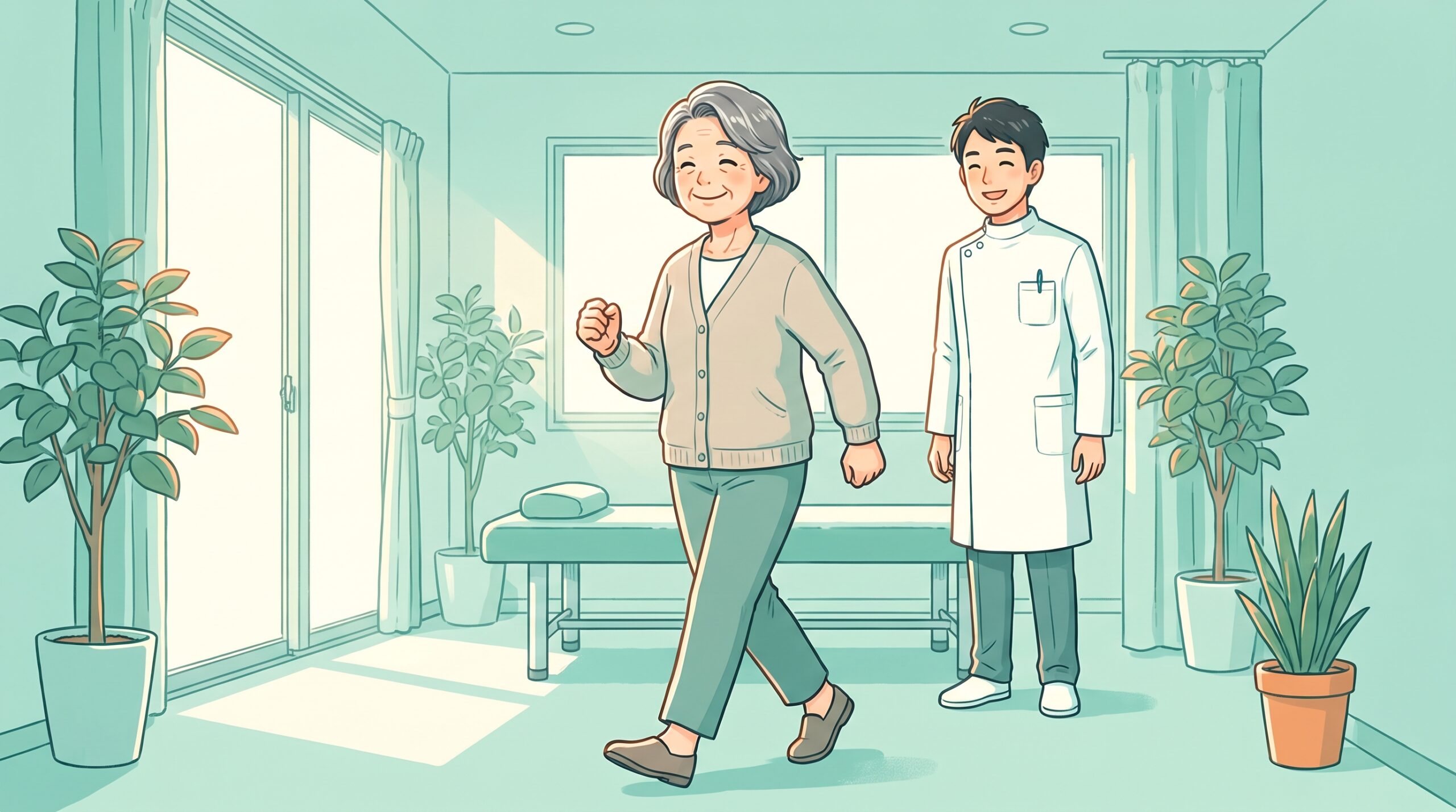施術のあと背すじを伸ばして笑顔で歩く女性と、見守る施術者のイラスト