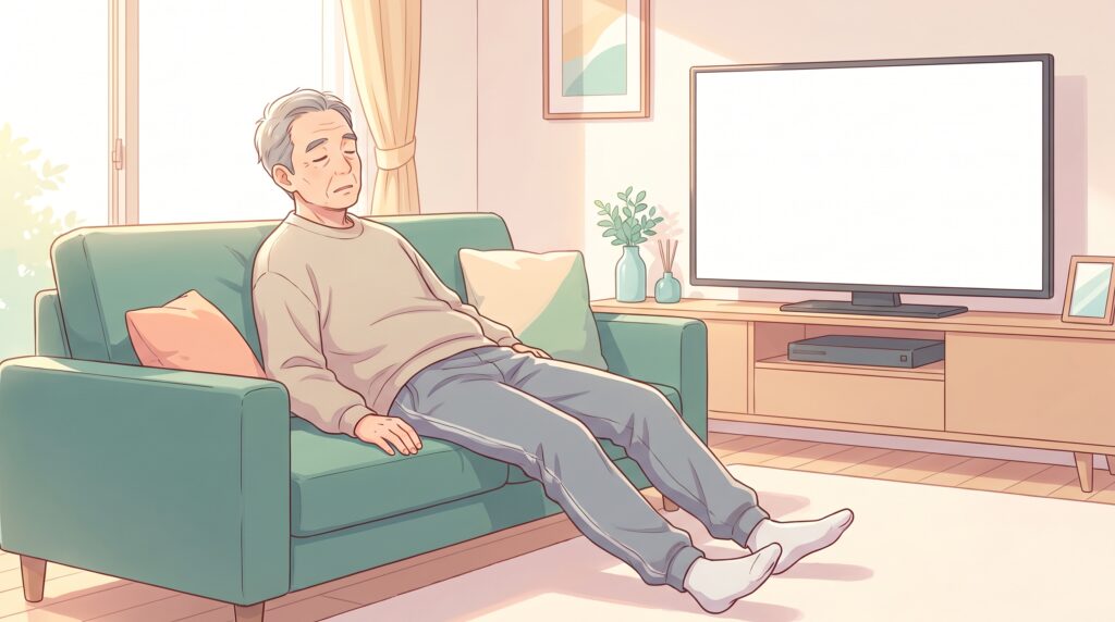 ソファで足を投げ出し背中を丸めた姿勢の男性のイラスト