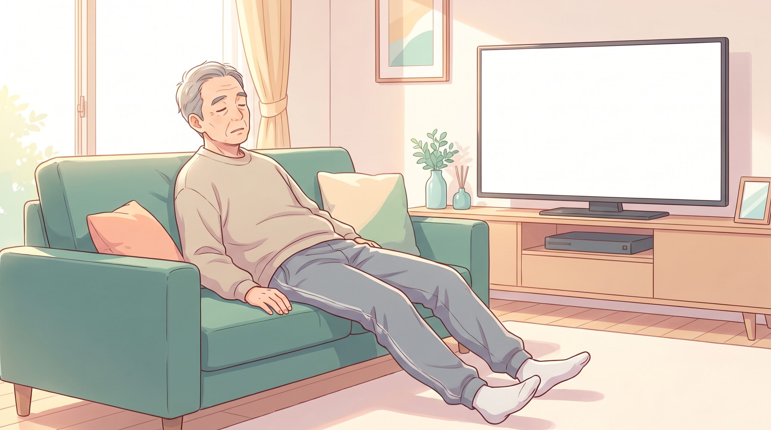 ソファで足を投げ出し背中を丸めた姿勢の男性のイラスト