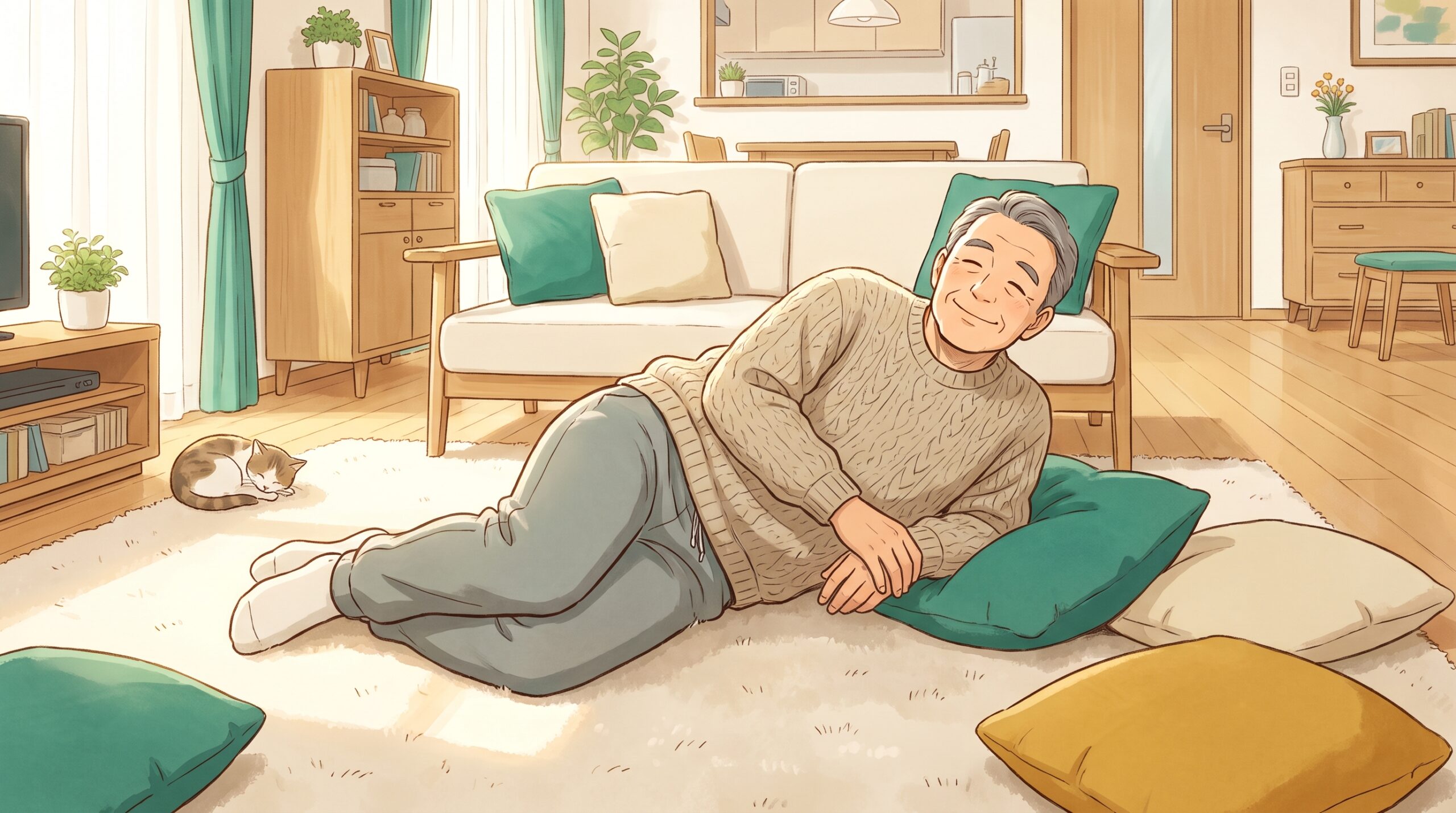 ラグの上に横向きに寝転んでくつろぐ男性のイラスト