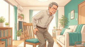 お尻から太ももの裏のしびれに顔をしかめる男性のイラスト