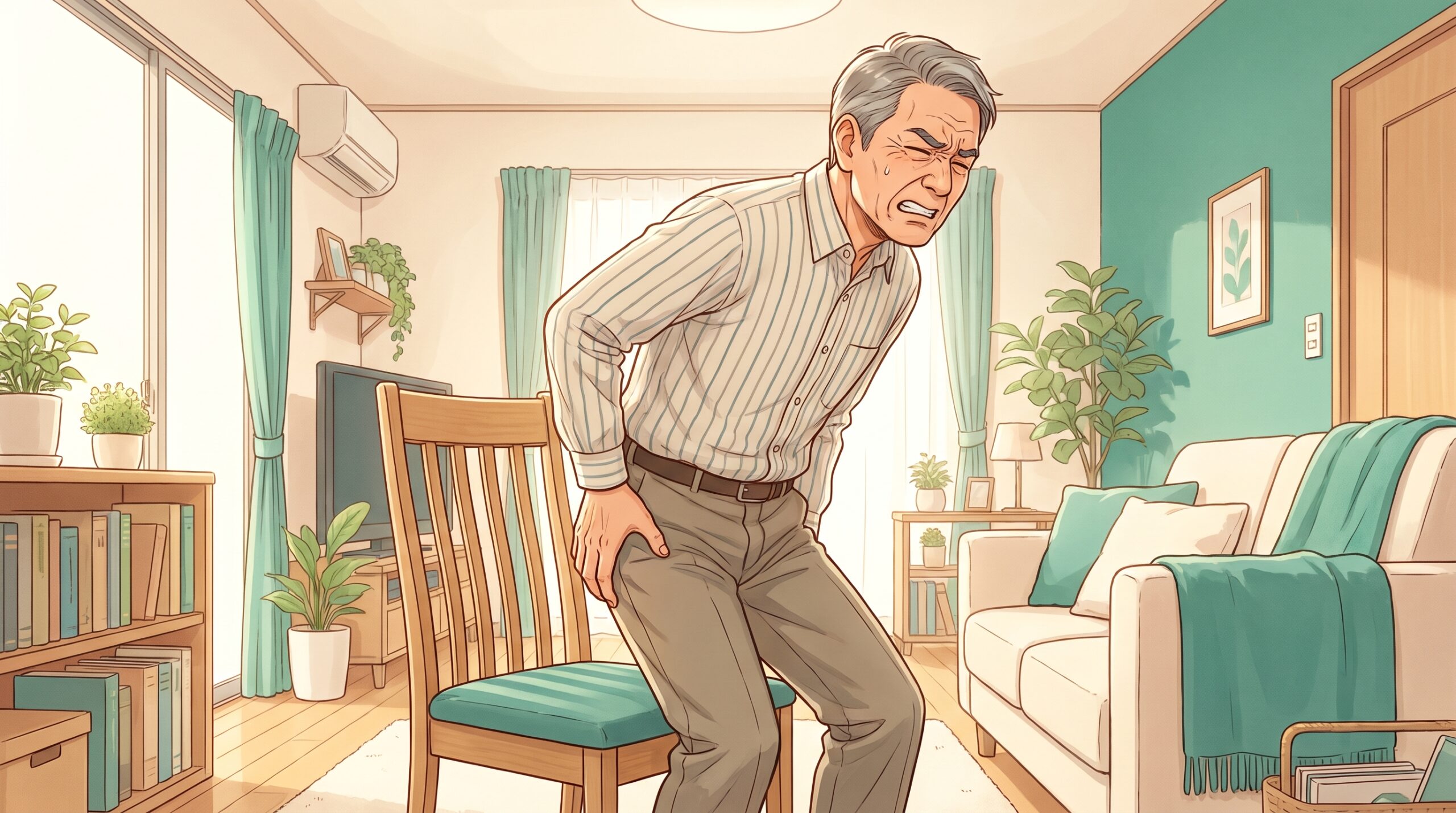 お尻から太ももの裏のしびれに顔をしかめる男性のイラスト