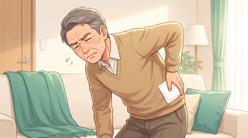 腰に湿布を貼ろうとして困っている男性のイラスト