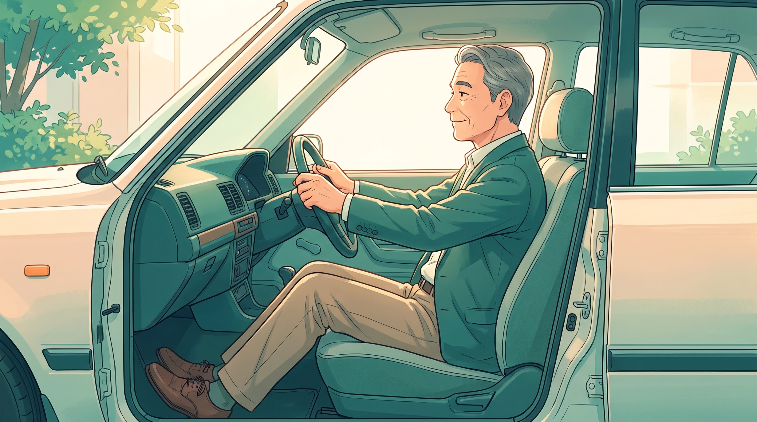 背もたれを立てて正しい姿勢で運転する男性のイラスト