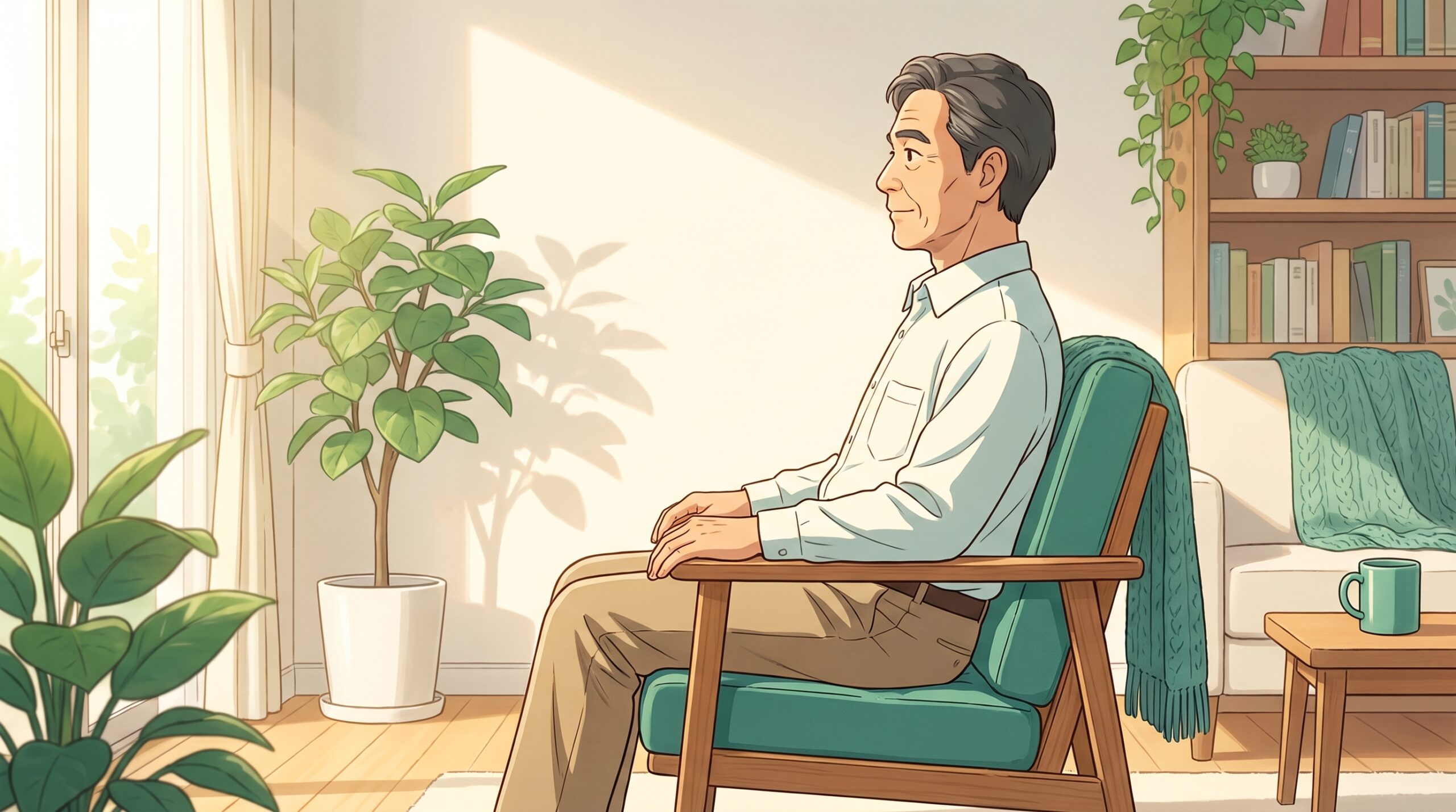 骨盤を立てて背すじを伸ばして座る男性のイラスト