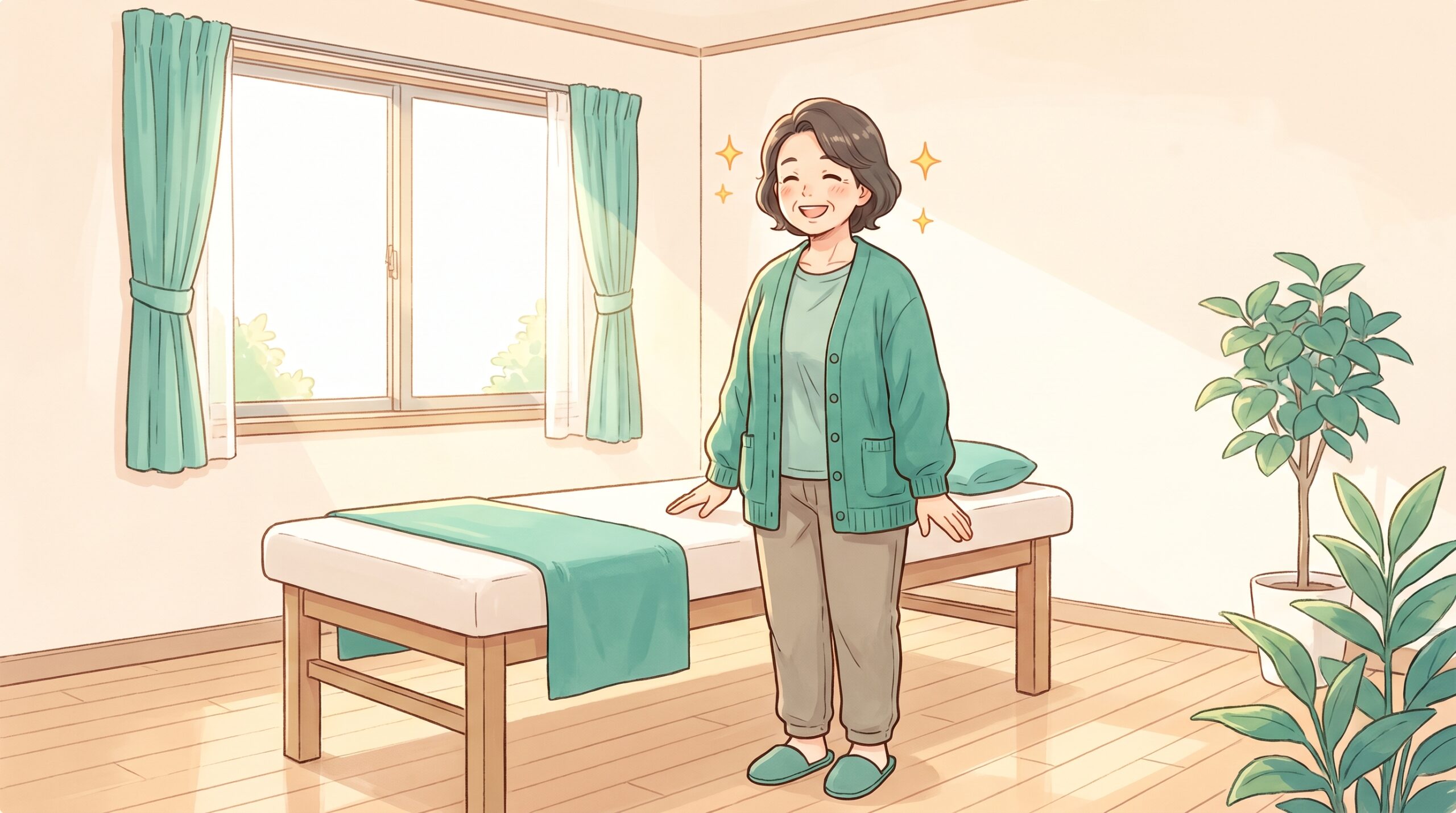 施術室でしっかり立ち晴れやかな笑顔の女性のイラスト