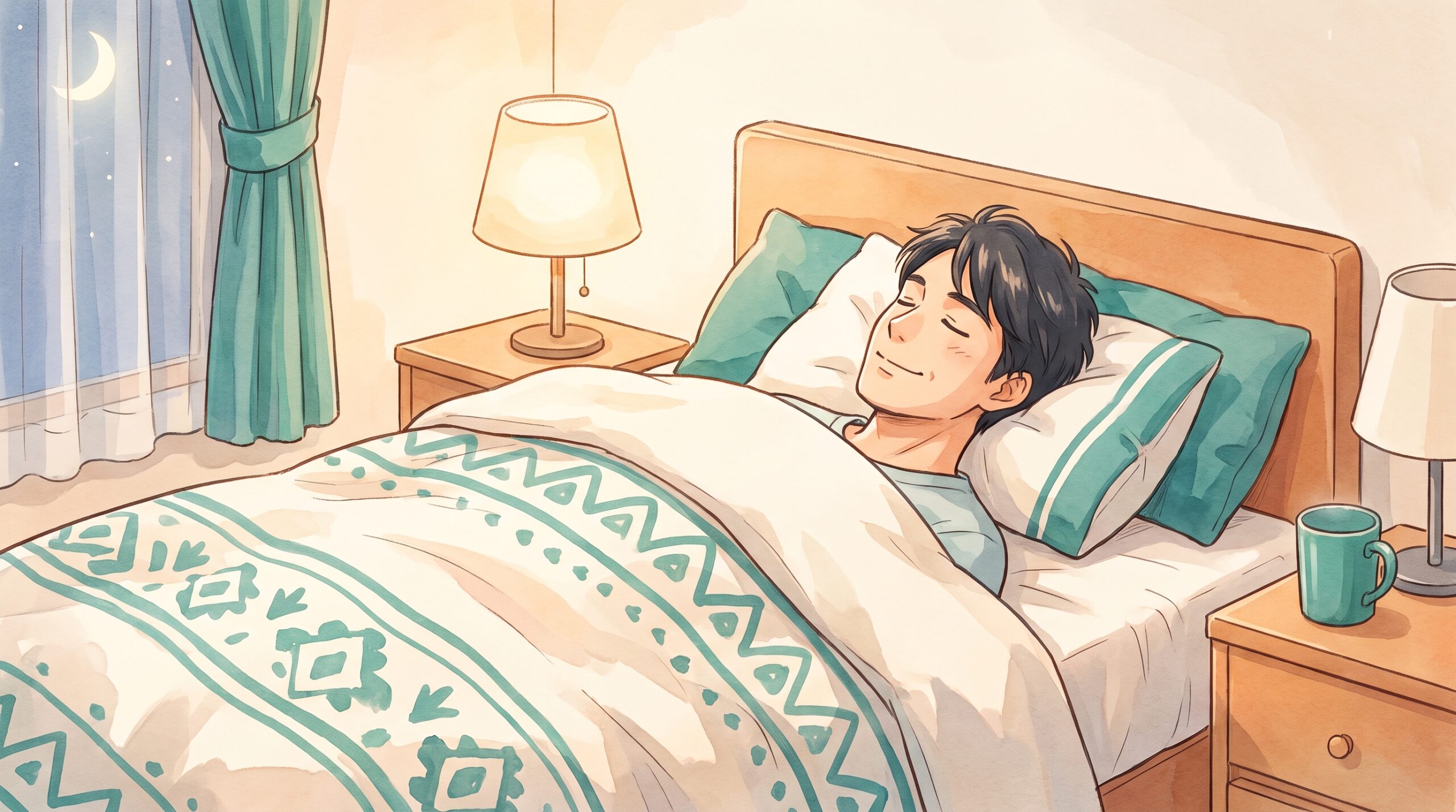 ベッドでぐっすり眠る男性のイラスト