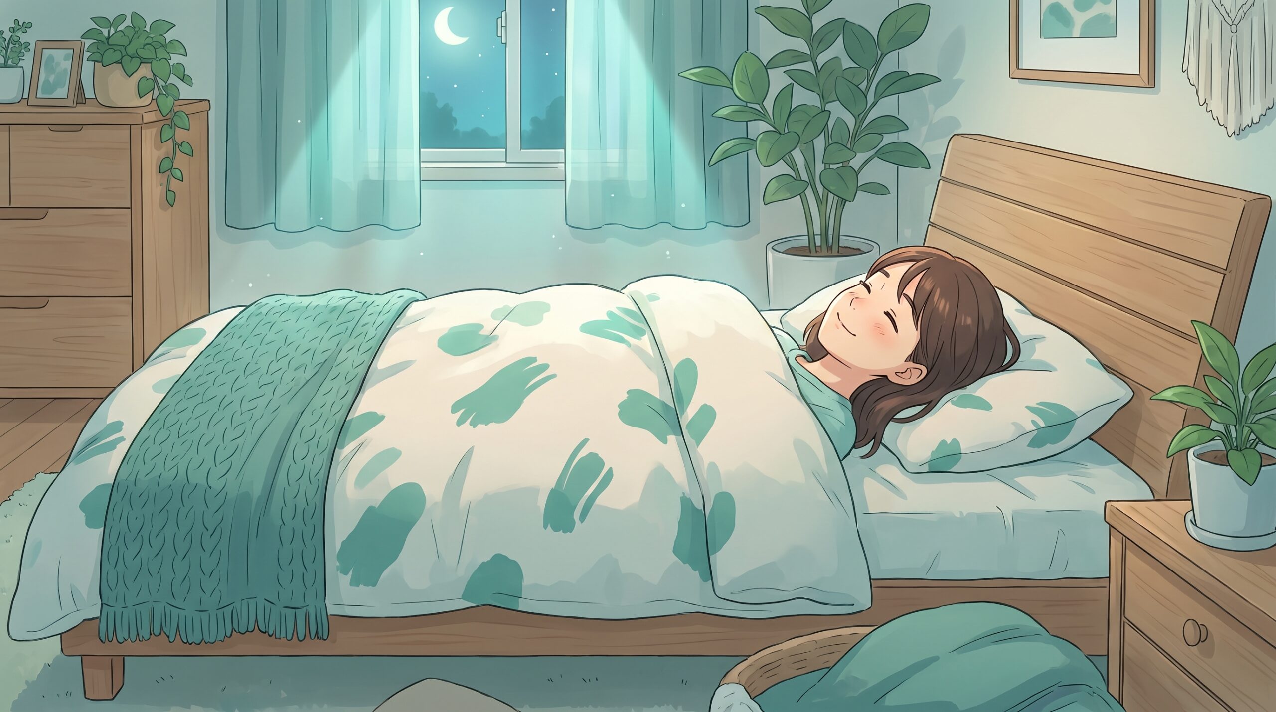 布団であお向けに気持ちよさそうにぐっすり眠る女性のイラスト