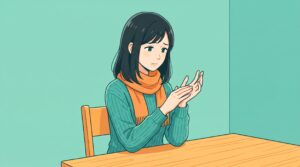 左手の指先から手のひらをさすって、心配そうに見つめる女性のイラスト