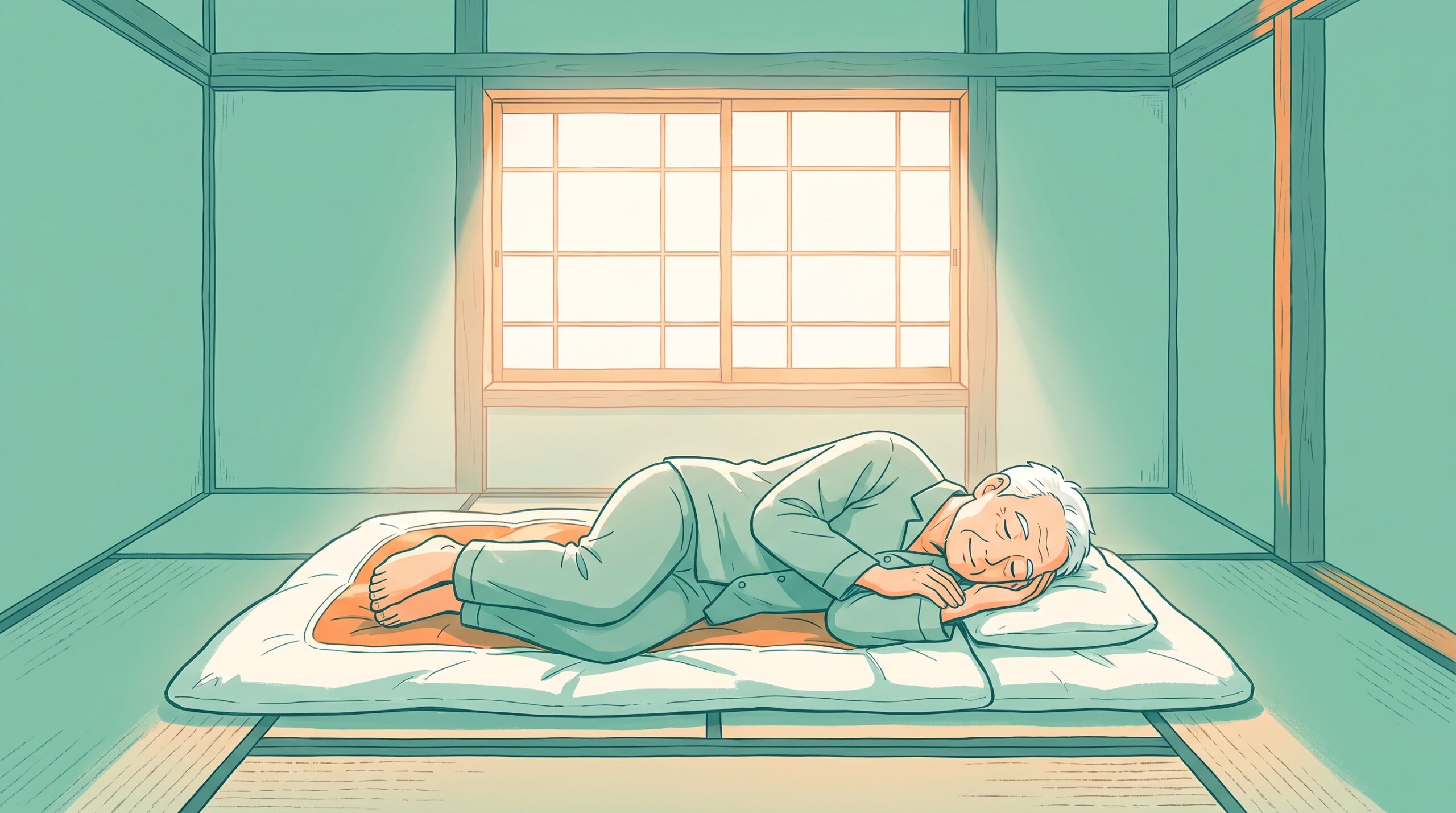 横向きで膝をそろえて眠る男性のイラスト
