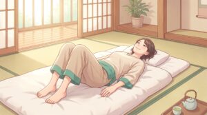 布団であお向けに寝て両膝を立ててリラックスする女性のイラスト