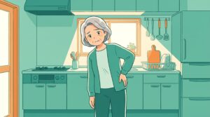 台所で長く立っているうちに、痛い側の腰をかばって体が横に傾いている女性のイラスト
