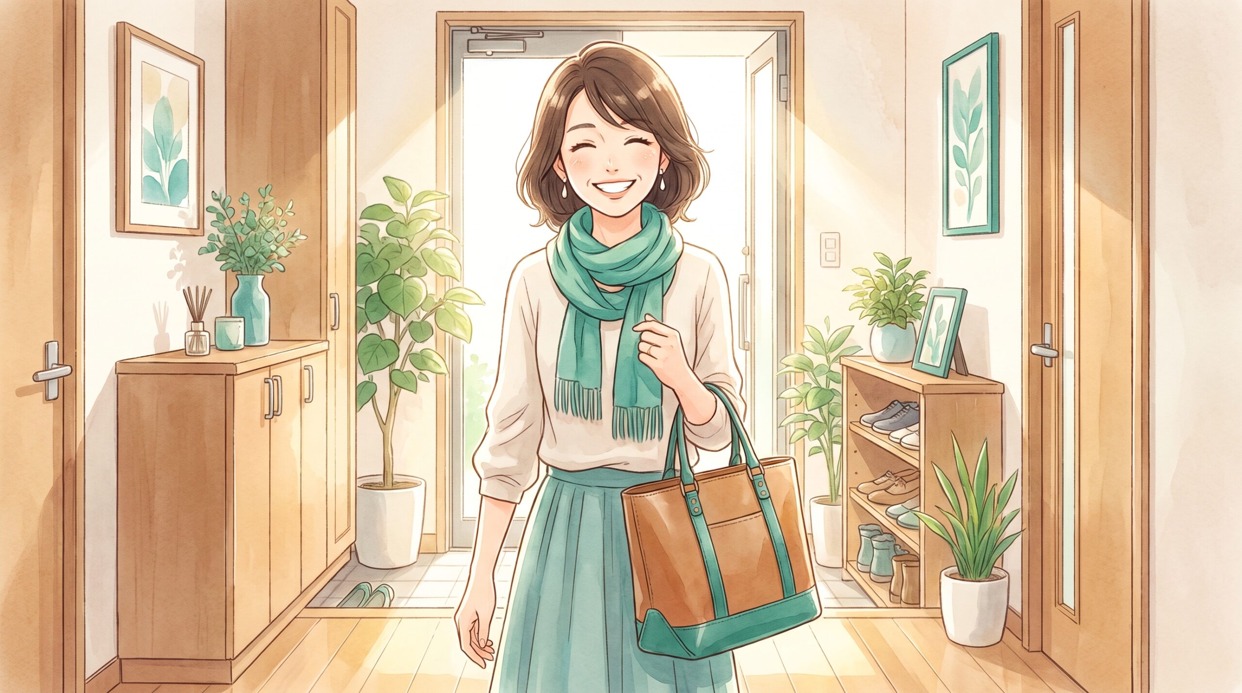 朝、すっきりした笑顔で仕事に出かける女性のイラスト