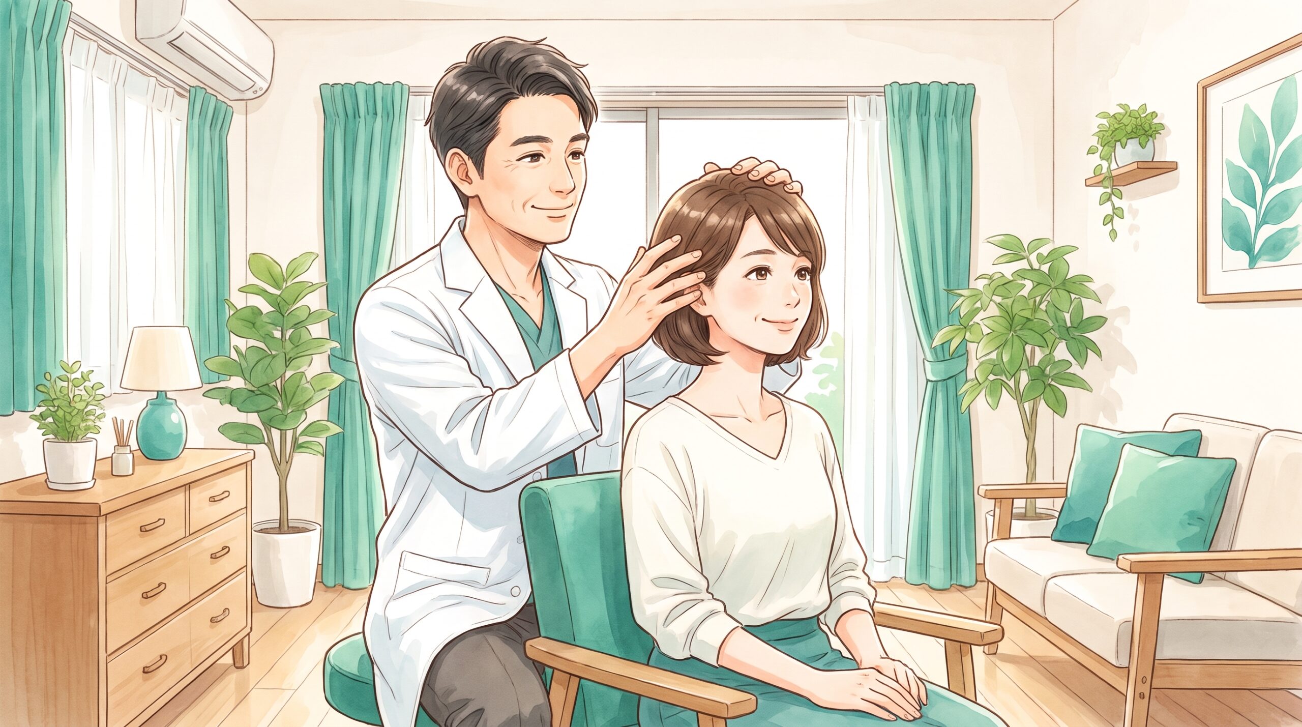 施術者が女性患者の頭と首の向きを確認しているイラスト