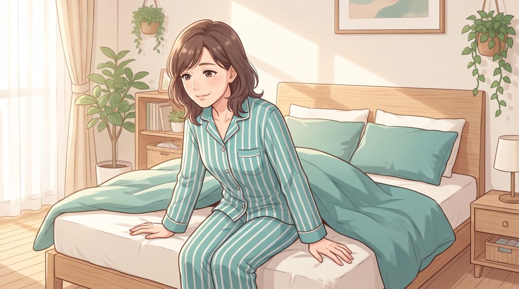 ベッドで横向きから手をついて起き上がる女性のイラスト