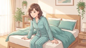 ベッドで横向きから手をついて起き上がる女性のイラスト