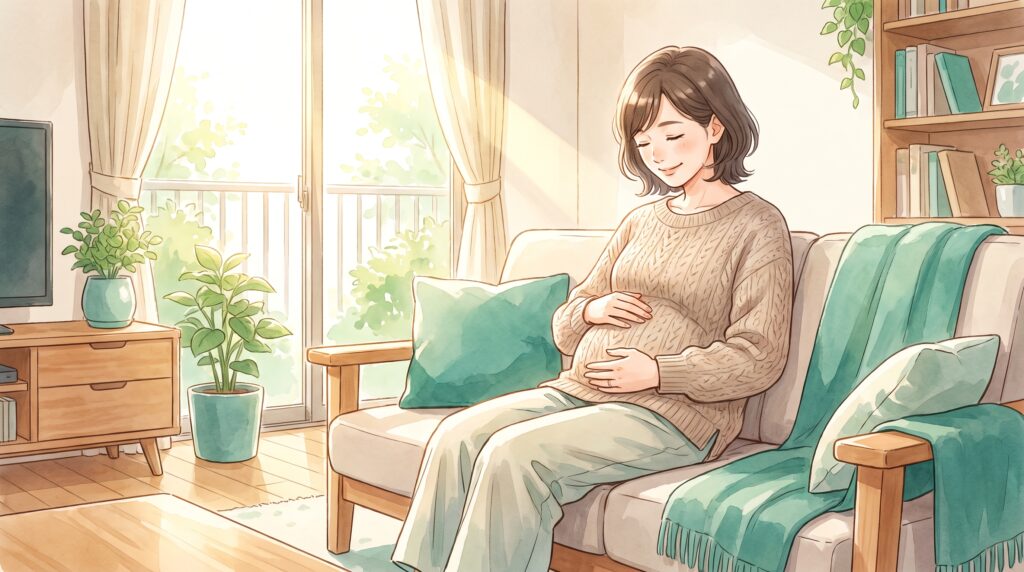 お腹にそっと手を当てて体を気づかう女性のイラスト