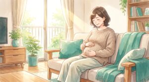 お腹にそっと手を当てて体を気づかう女性のイラスト