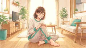 床に座ってひざを押さえ関節の音を気にしている女性のイラスト
