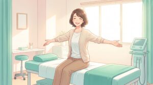 施術ベッドに腰かけて笑顔で腕を伸ばす女性のイラスト