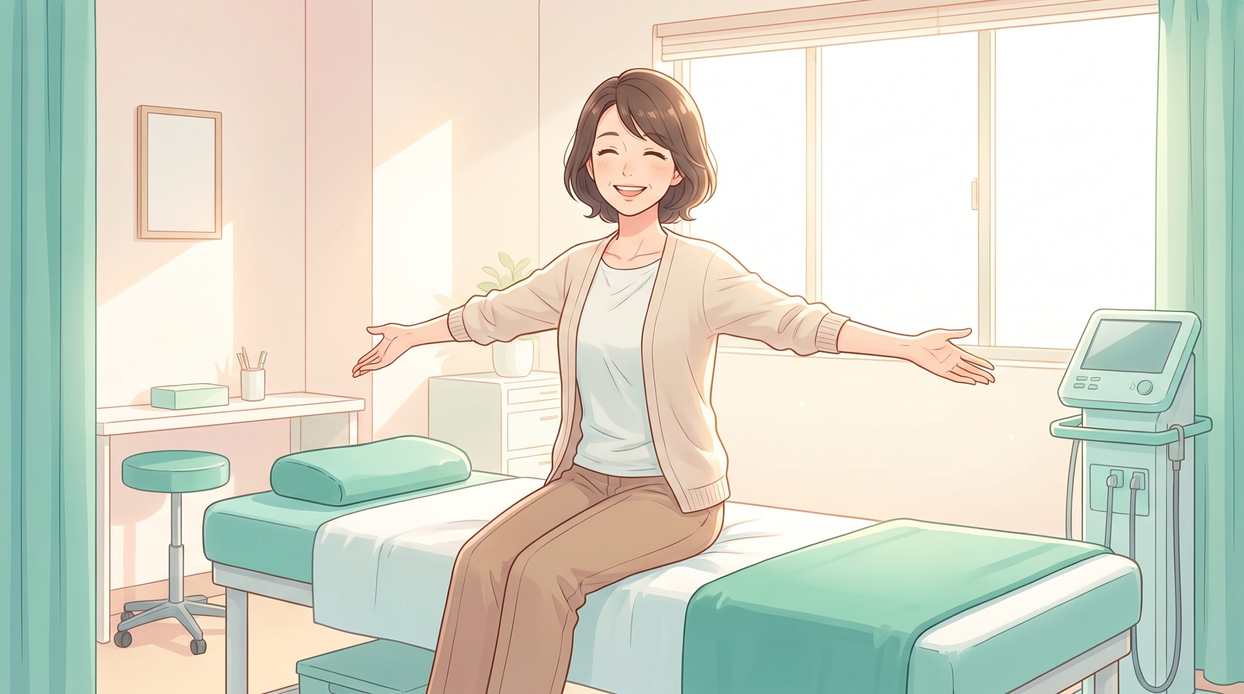 施術ベッドに腰かけて笑顔で腕を伸ばす女性のイラスト