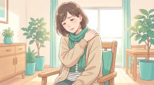 だるそうに肩を押さえて座る女性のイラスト
