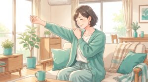 痛くない範囲で腕をゆっくり上げて肩を確かめる女性のイラスト
