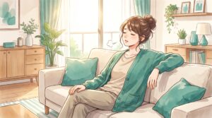 ソファでだるそうにため息をつく女性のイラスト