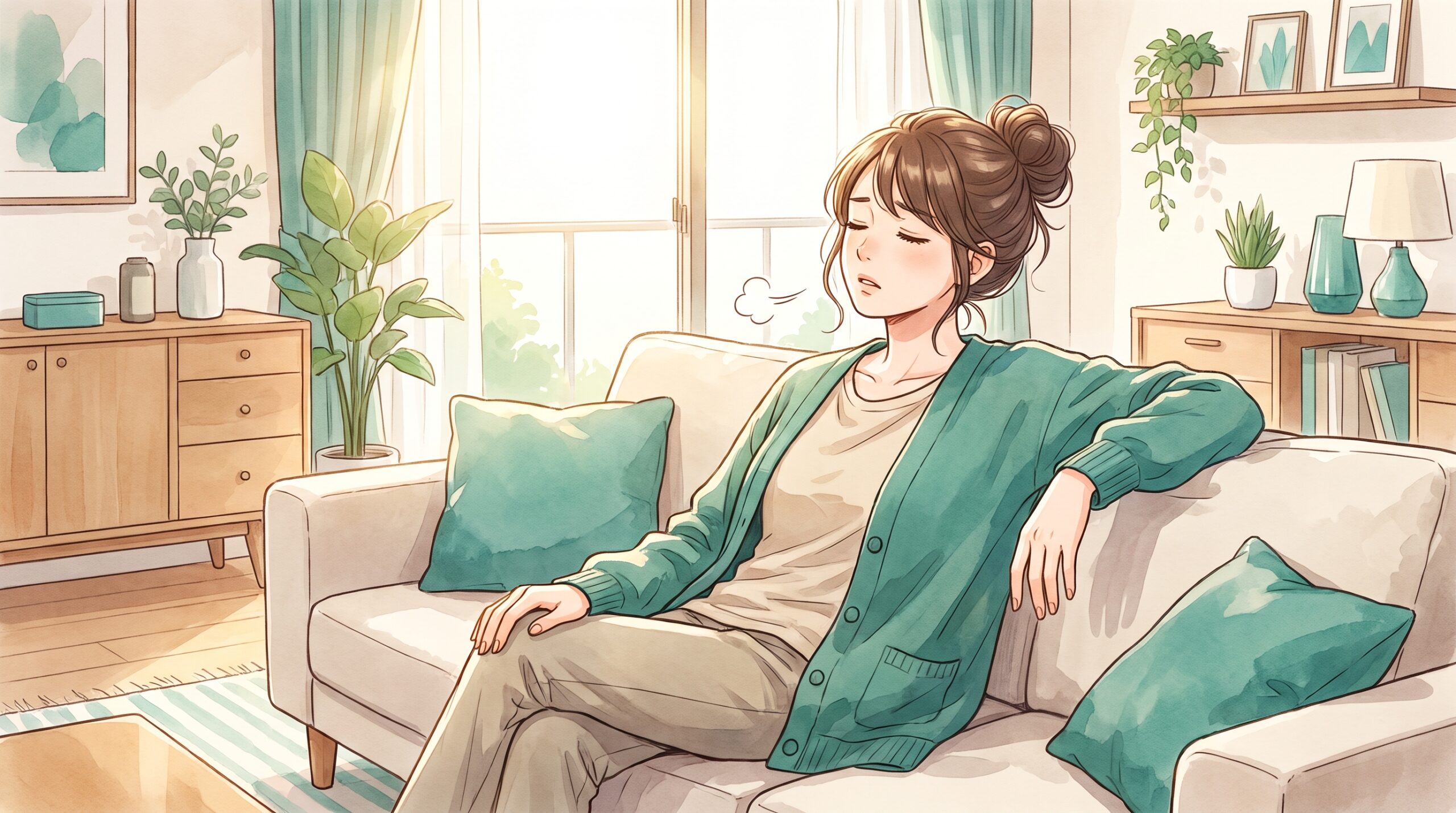 ソファでだるそうにため息をつく女性のイラスト
