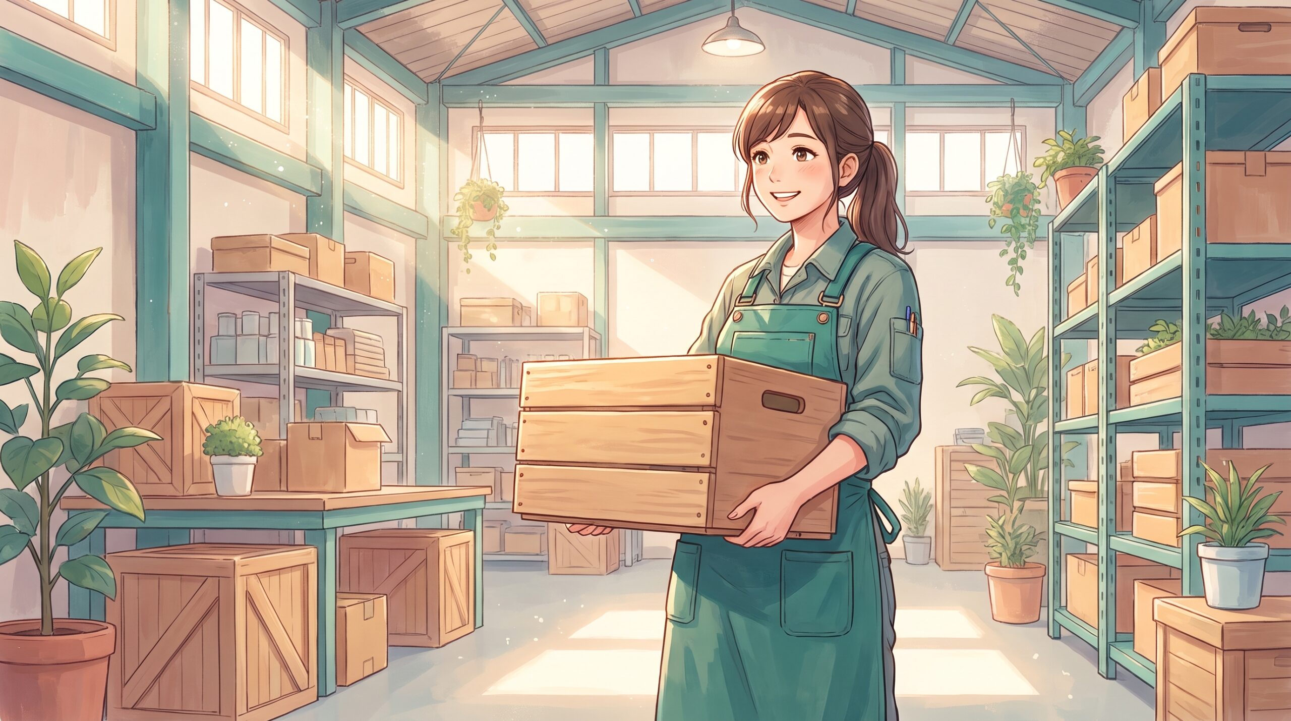 重い荷物を運んで働く女性のイラスト
