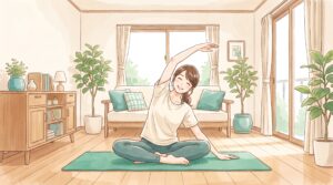 自宅でストレッチをする女性のイラスト
