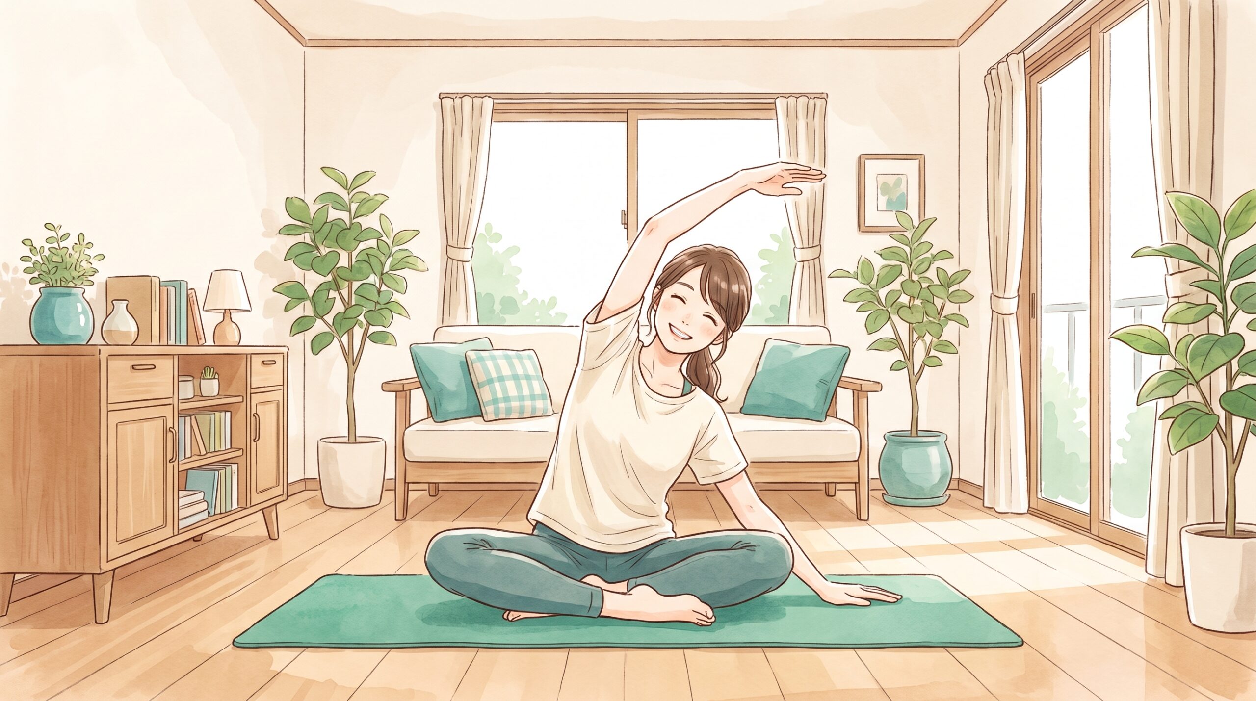 自宅でストレッチをする女性のイラスト